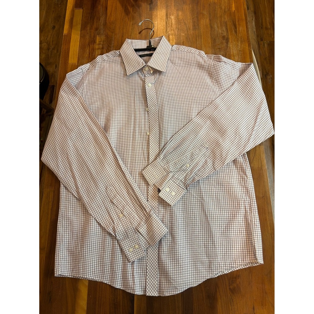 Sean John Mens Regular Fit Dress Shirt 17 36/37 Purple White Grid Check Cotton